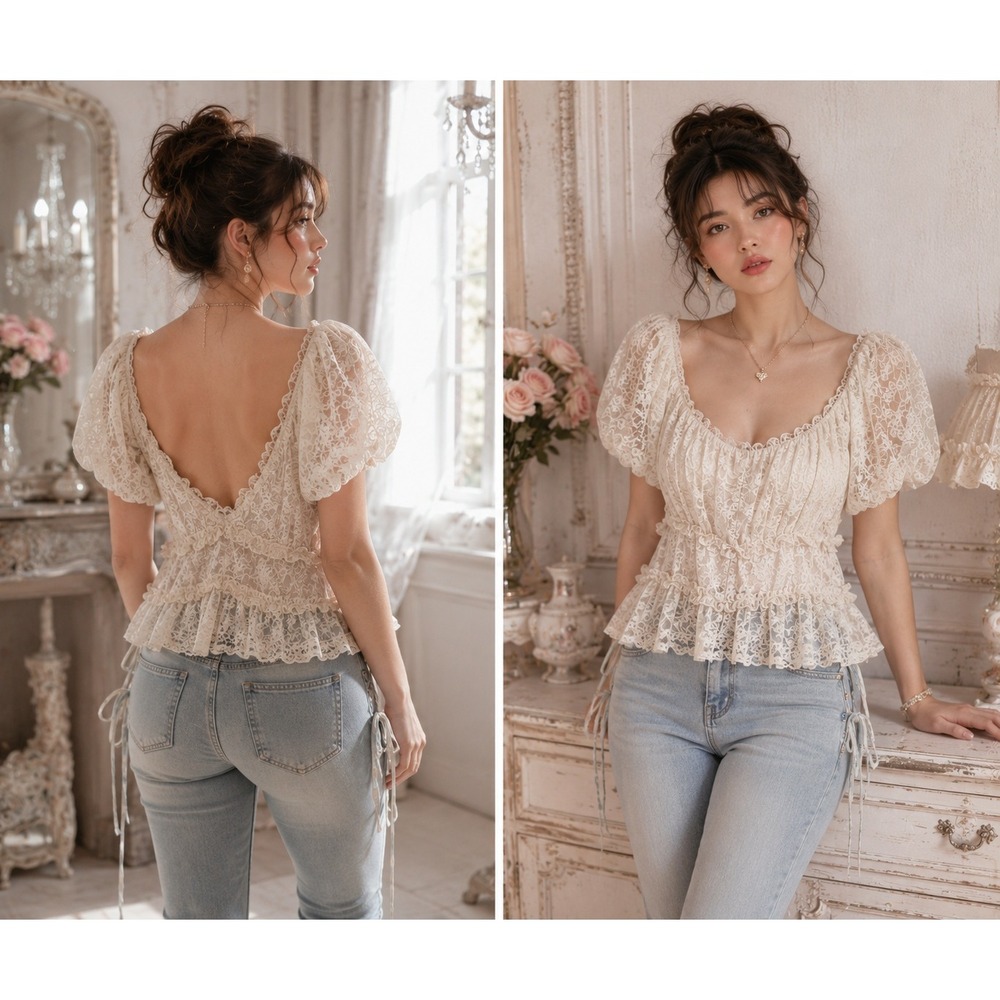 Altar'd State Ivory Lace Puff Sleeve Peplum Blouse Coquette Fairy Top